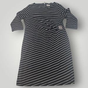 Chico's 2 Women's Black White Striped 3/4 Sleeve Ruched with Silver Detail Dress